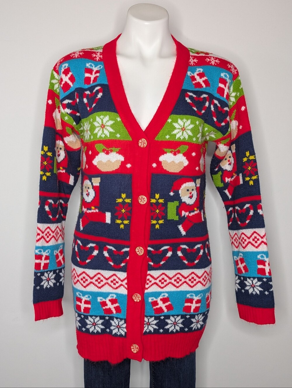 Red Green Blue Christmas Winter Holiday Sanata V Neck Button Up Sweater Cardigan